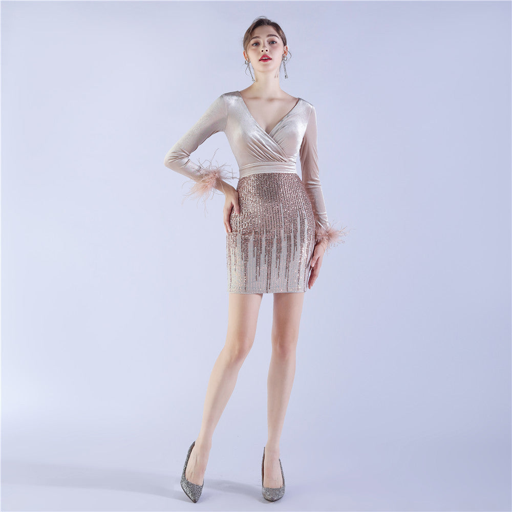 Women ostrich feather beaded velvet long-sleeved Bodycon dress 10