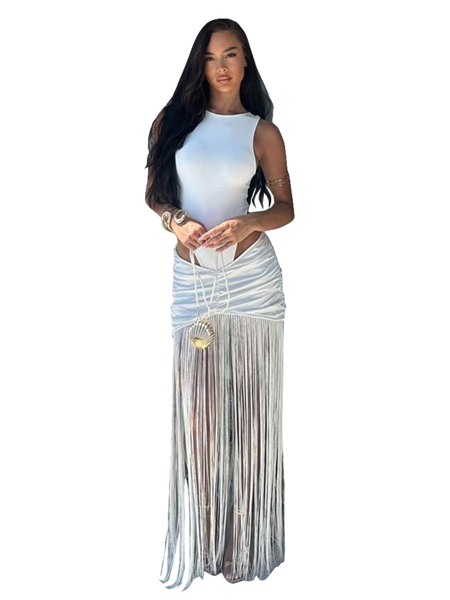 Women's Autumn Sleeveless Slim Fit Bodysuit Sexy Fringe Skirt Set 6
