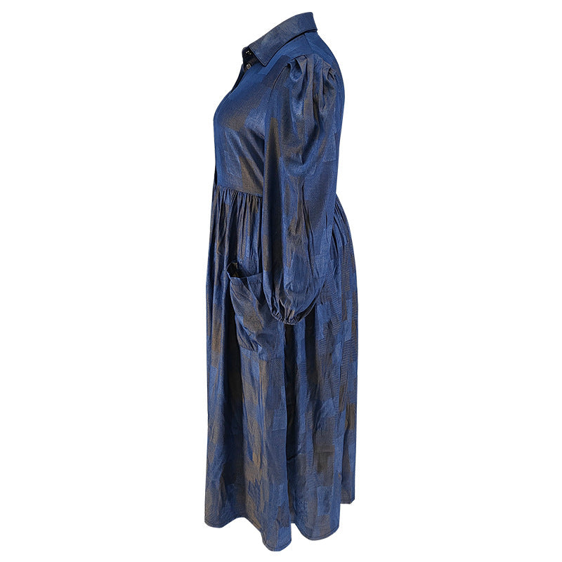 Plus Size Women Button Turndown Collar Long Sleeve Maxi Dress 7