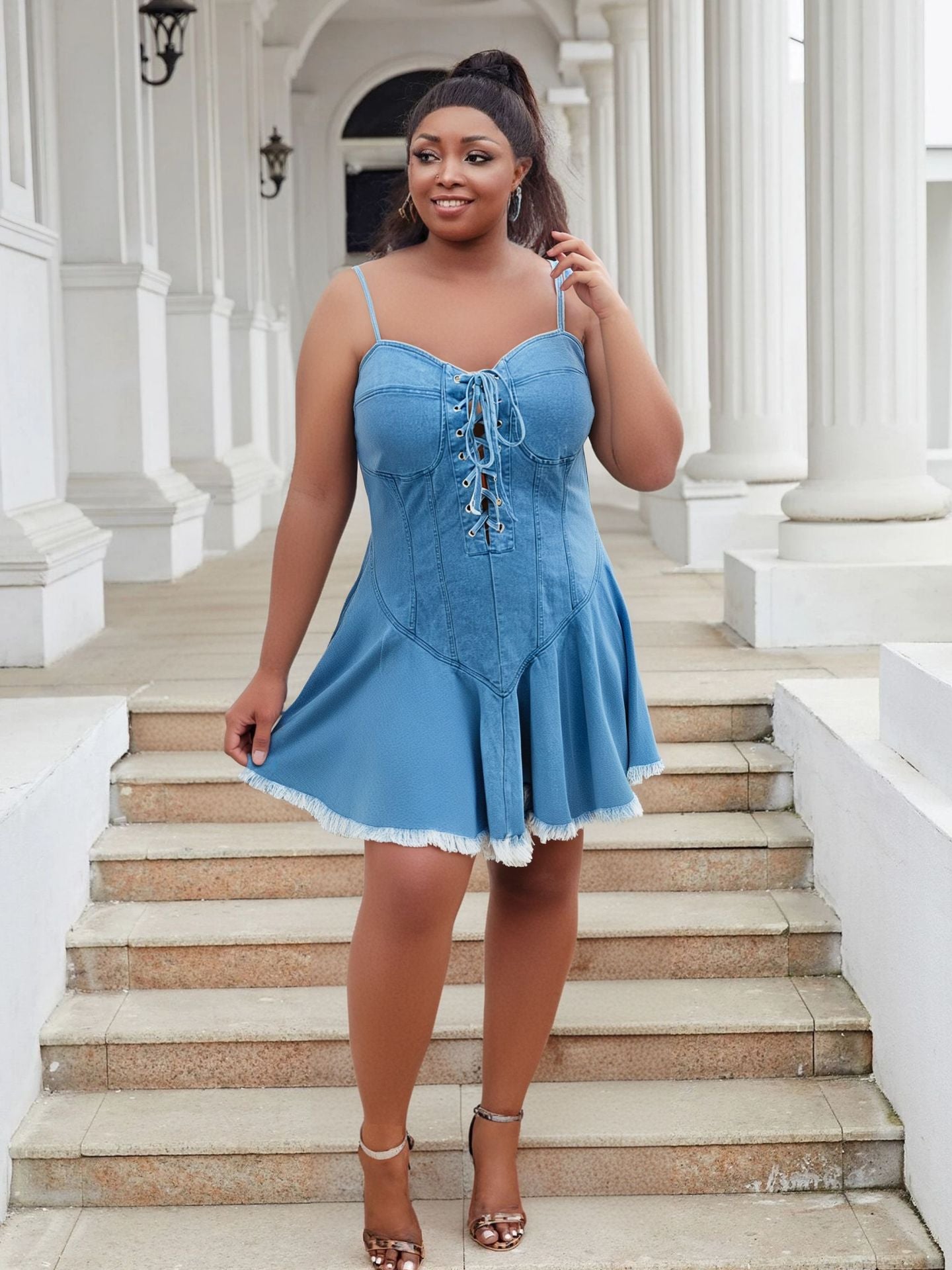 Plus Size Sexy Lace-Up Sleeveless Strap Denim Dress 7