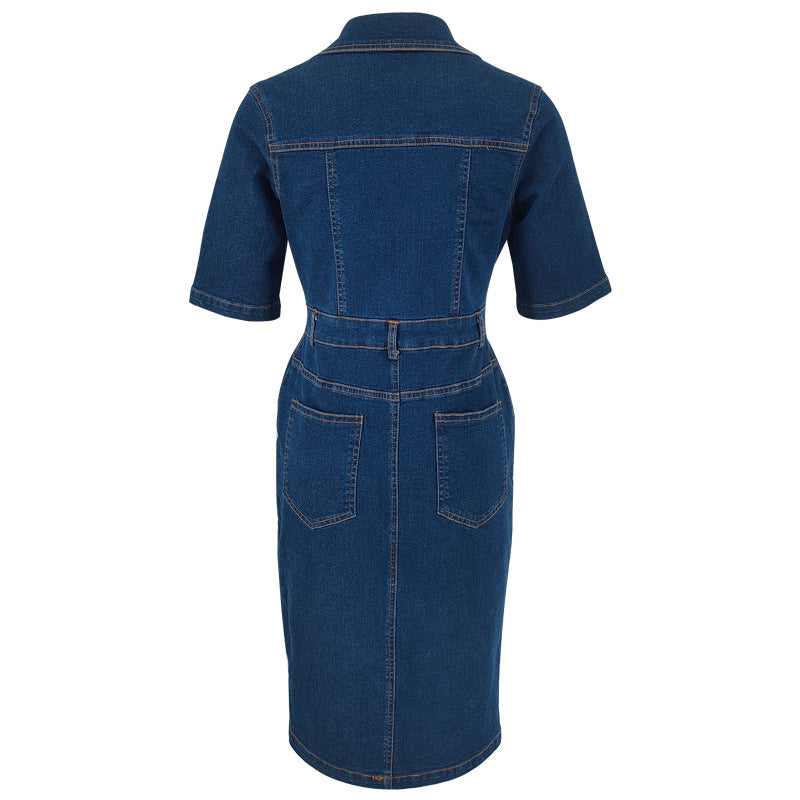 Women's Denim Short Sleeve Turndown Collar Bodycon Midi Dress 11