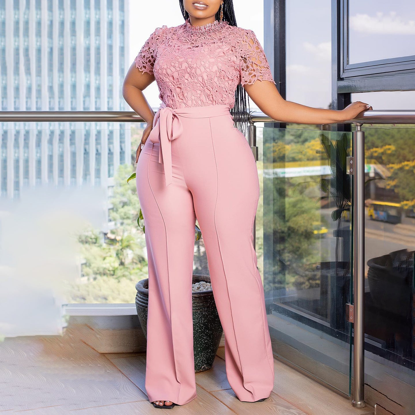 Women's Sexy Lace Hollow Short Sleeve Belt High Waist Wide Leg Jumpsuit 3