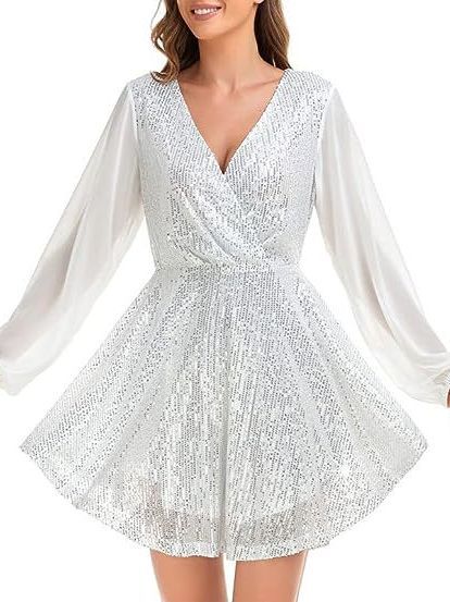 Women's Sequin Loose Party Dress Long Sleeve Casual Loose Mini Short Gown 6