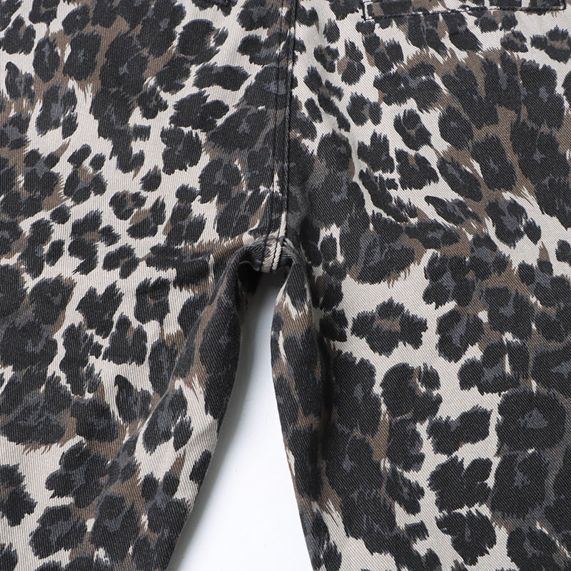Autumn American Retro Leopard Print High Waisted Slim Fit Straight Jeans Ripped Denim Pants 18