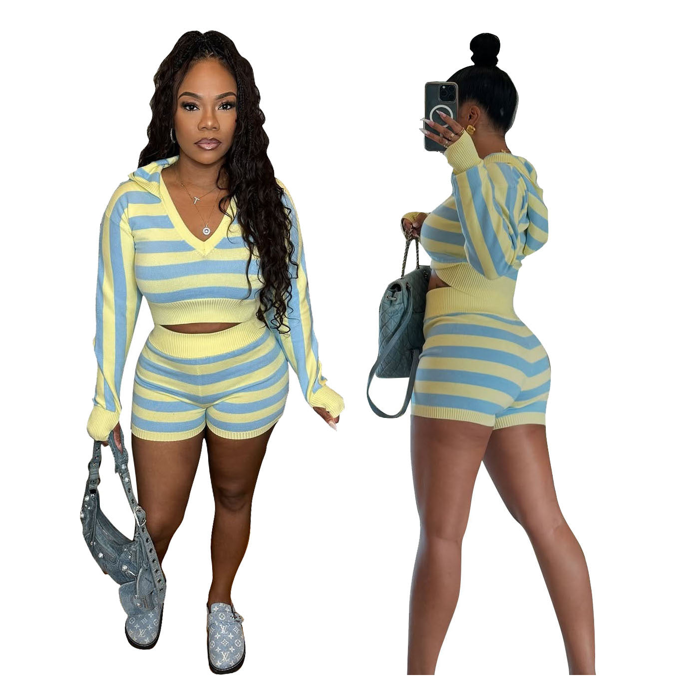 Women Casual Knitting Striped Long Sleeve Hooded Top and Shorts Two-Piece Set