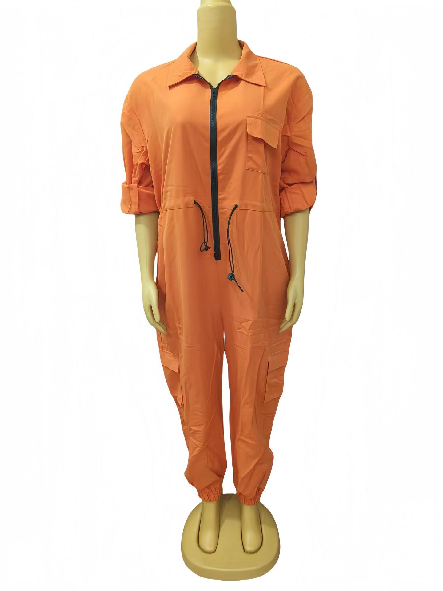 Plus Size Women Solid Turndown Collar pocket sexy Jumpsuit