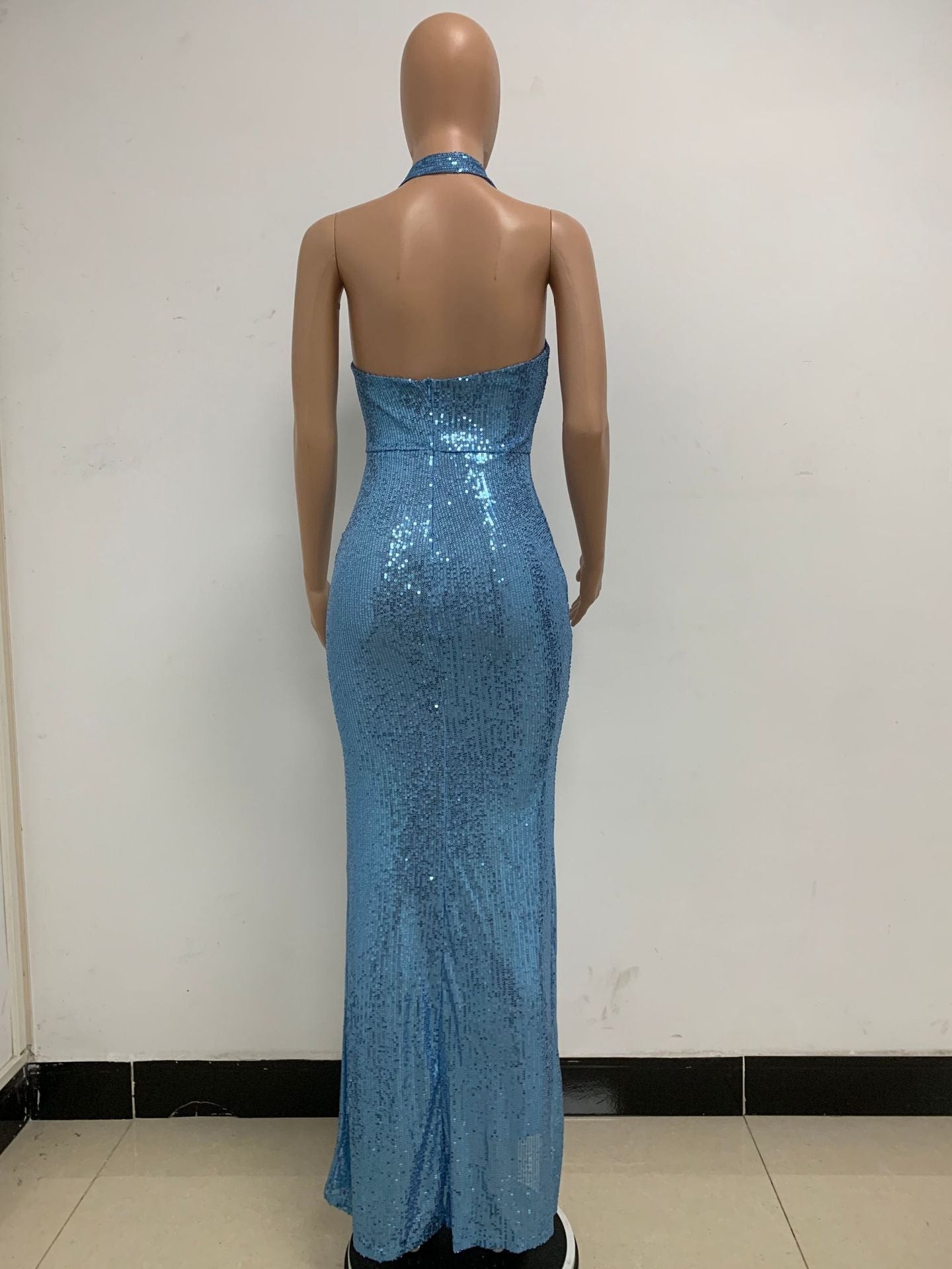 Women Sleeveless Halter Neck Backless Sequin Slit Evening Dress 66