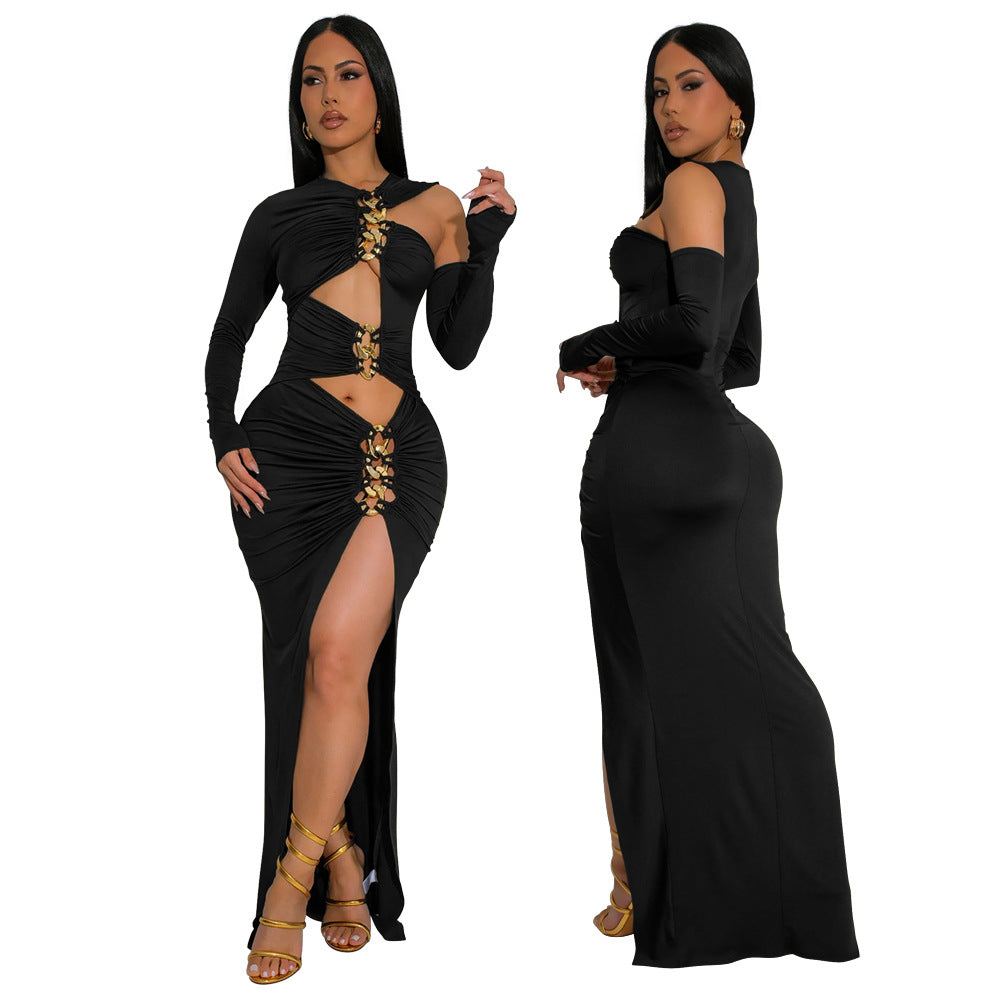 Fashionable Solid Color Slim sexy hollow slit long dress 6