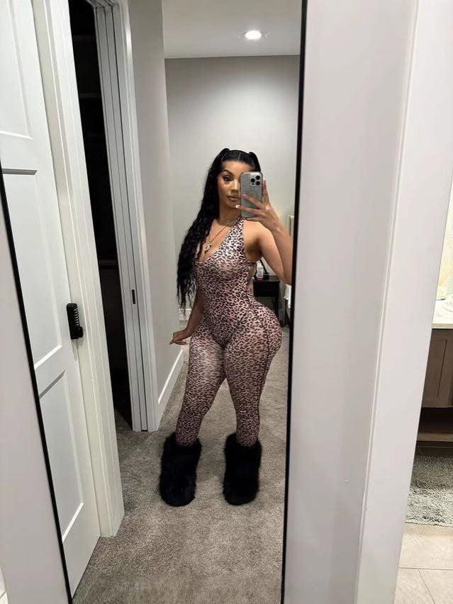 Women Summer Leopard Print Sexy V-neck Backless Halter Neck Jumpsuit