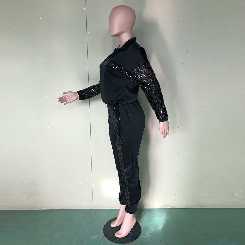 Women Sequin Colorblock Long Sleeve Top and Pant Two Piece Set 9