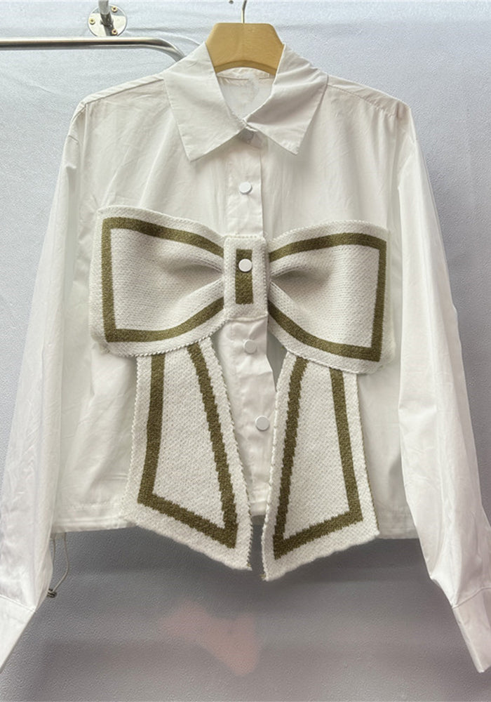 Women long-sleeved Patchwork Knitting shirt bow shirt