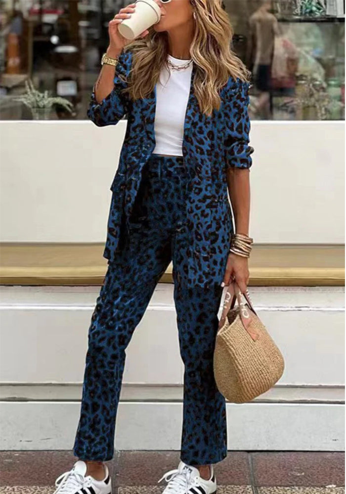 Women Leopard Print Long-sleeved Top and trousers Two Piece Set