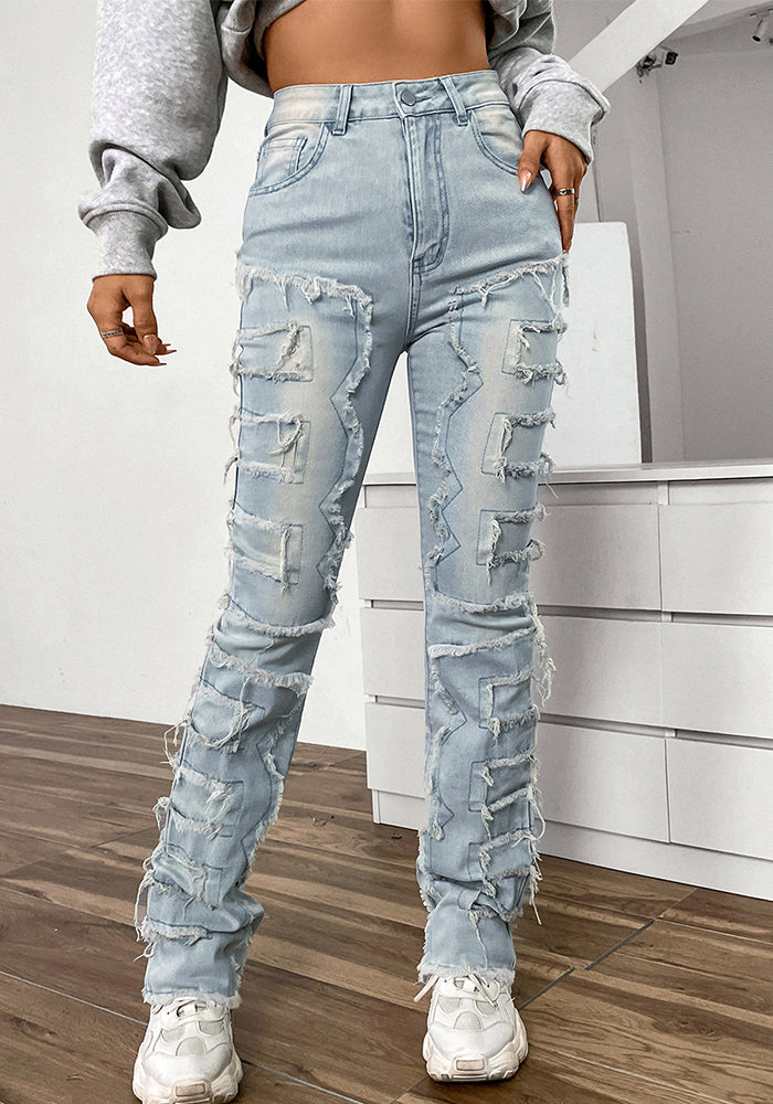 Women's Denim Embroidered Straight Pants Fashionable Patch Jeans