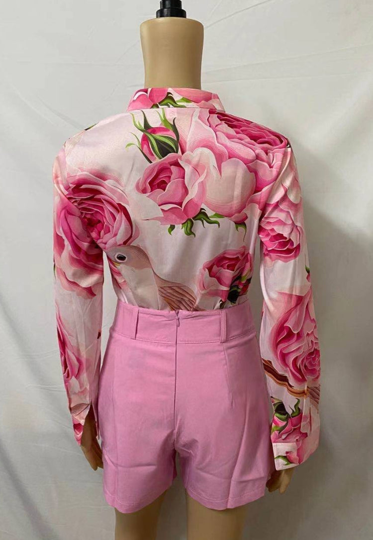 Summer Formal Print Pink Long Sleeve Blouse and Plain Shorts 2 Piece Set