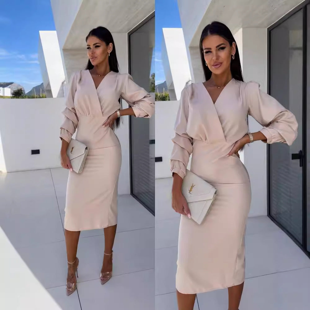 Women Autumn V-neck Solid Bodycon Dress 6