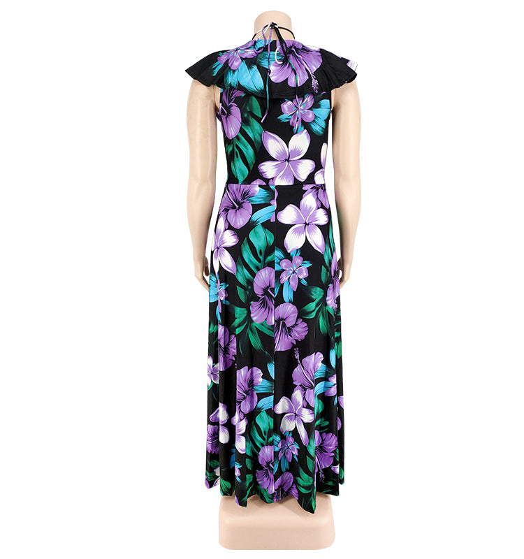 Plus Size Women's Summer Ruffled Collar Floral Print Maxi Dress 17