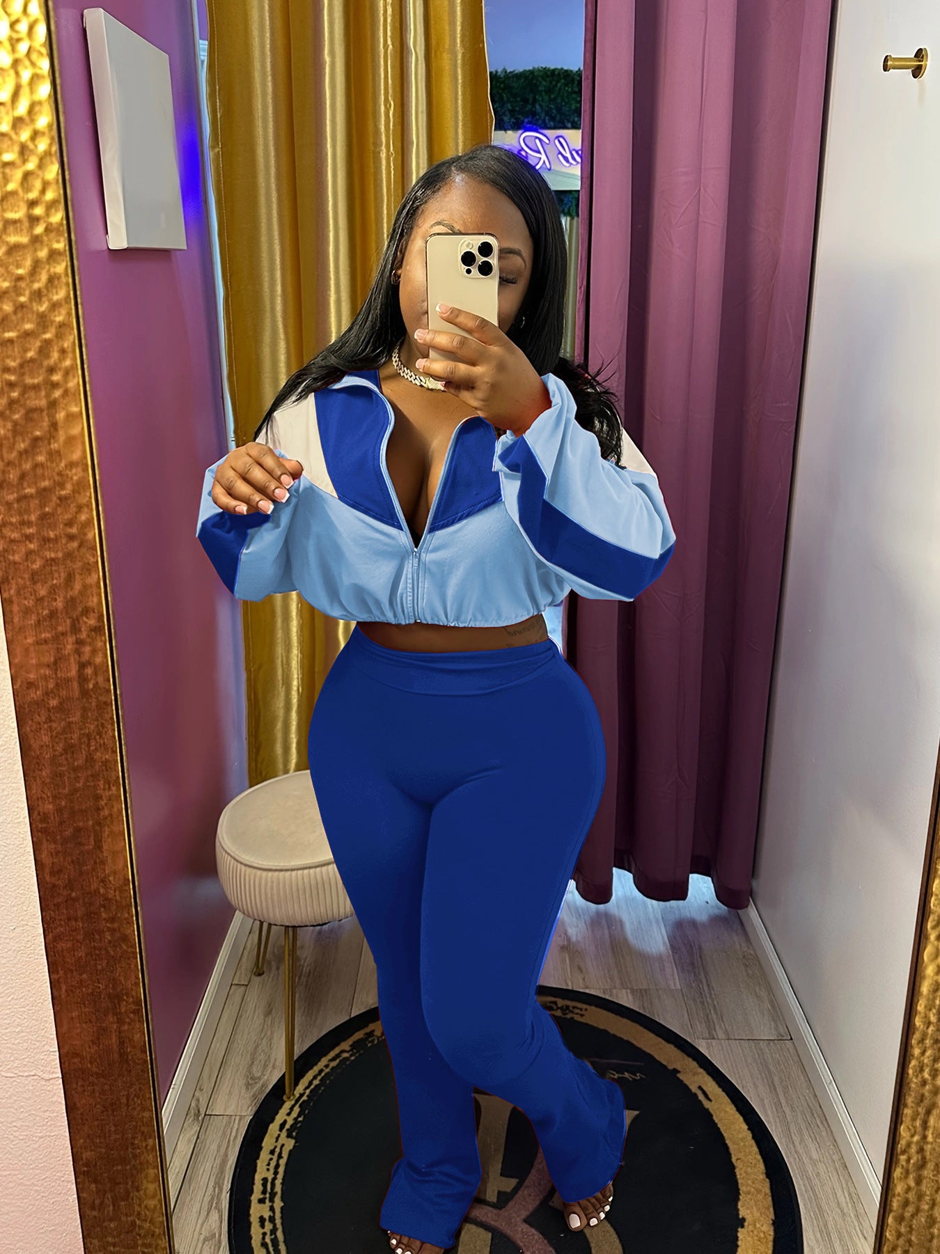 Women color matching zipper top and pant sports two piece set 5