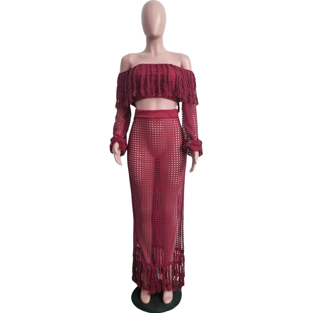 Summer Hollow Sexy Fashion Mesh Tassel See-Through Two-Piece Skirt Set 11