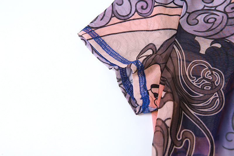 Summer Women's Sexy See-Through Mesh Print Hollow Low Back Tight Fitting Casual Jumpsuit 14