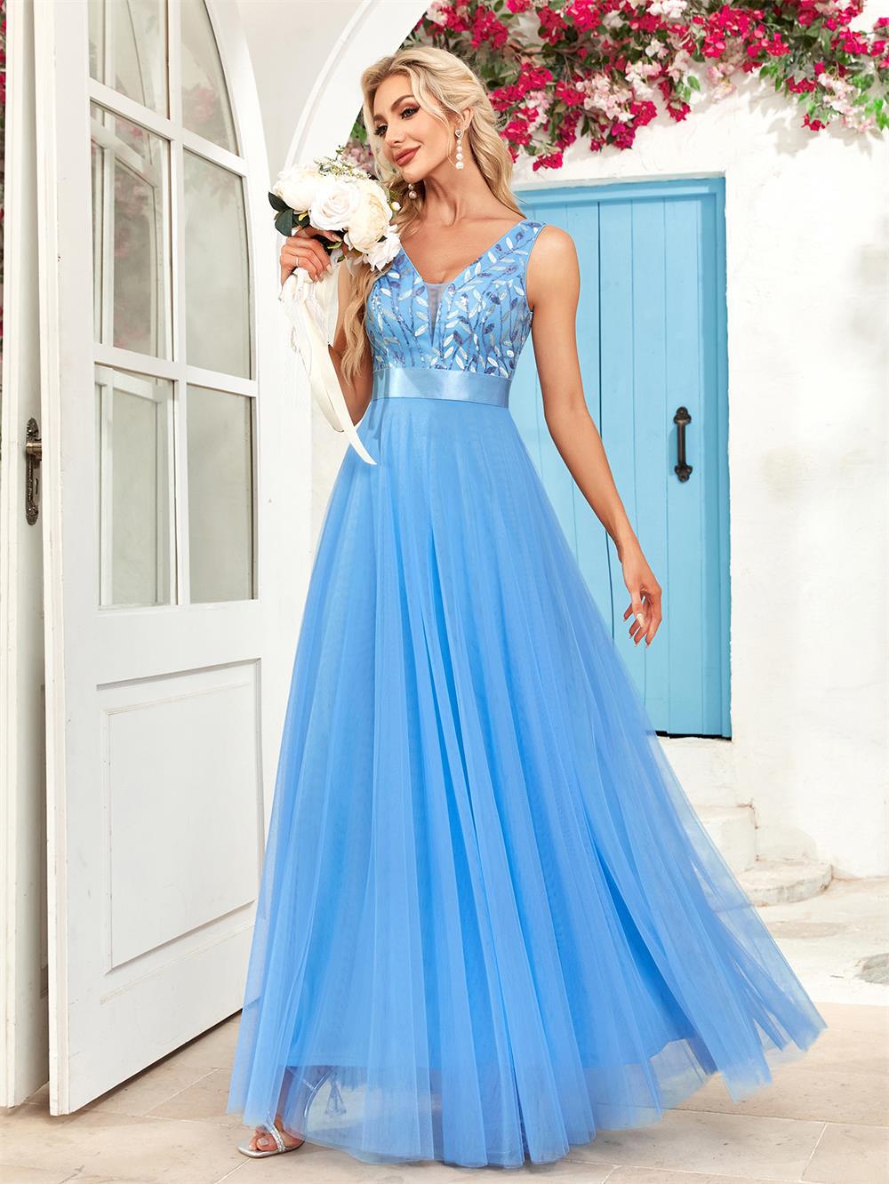 Patchwork Elastic Waist Sleeveless Double V Neck Evening Gown with Embroidered Tulle Elegant Long Swing Party Dress 6