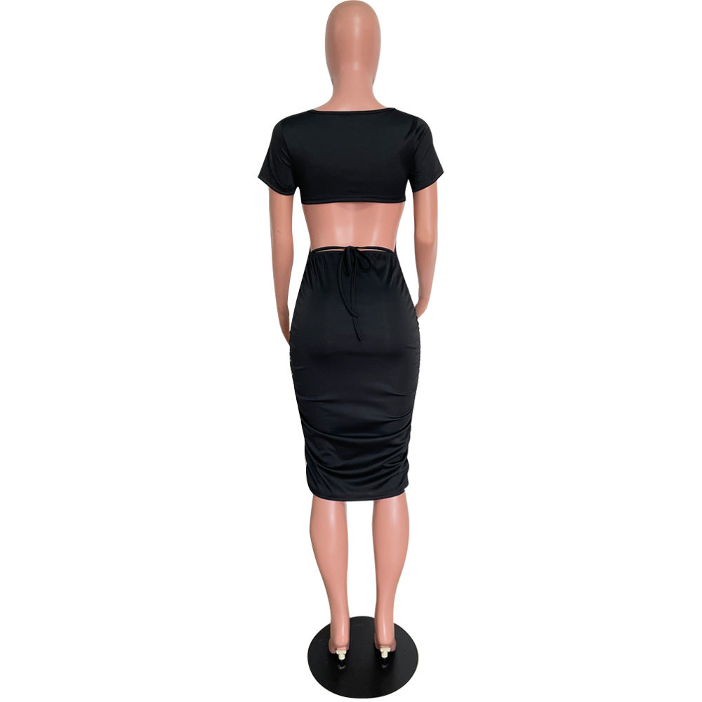 Spring Summer fashionable solid color round neck back hollow midi dress 24