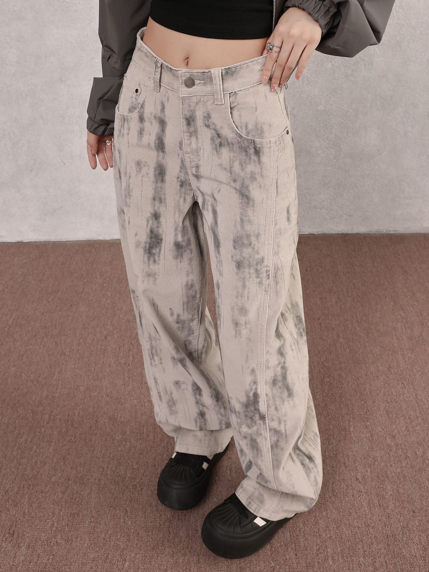 Women Autumn American Tie-Dye Stretchy Denim Wide-Leg Pants