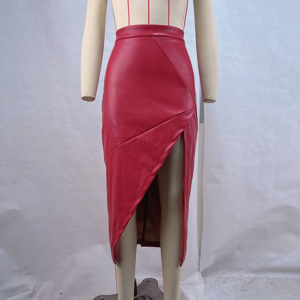 Women Fall Slit Irregular Pu-Leather Skirt 9