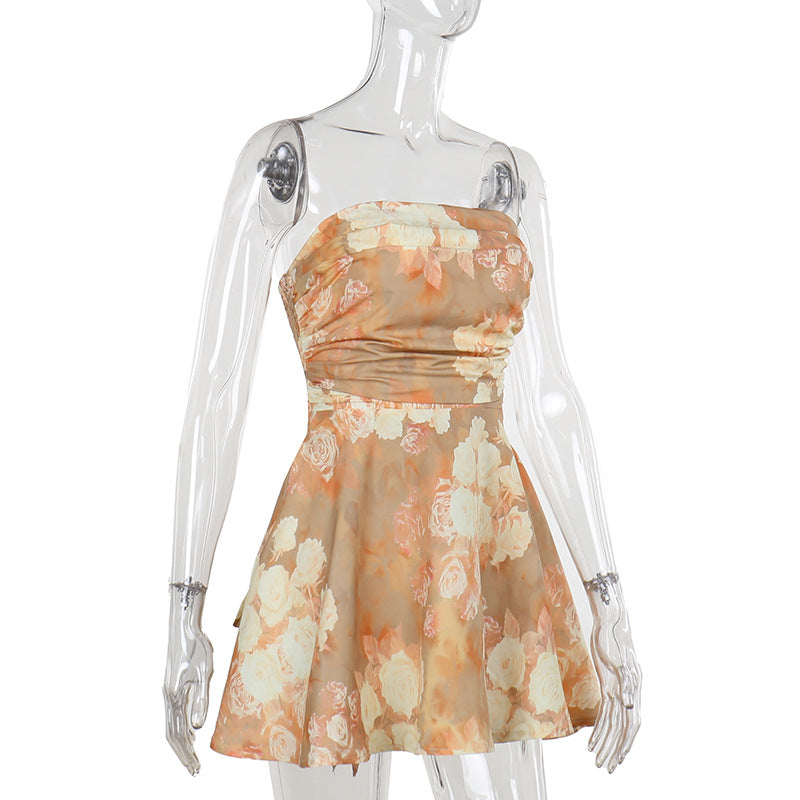 Women Summer Strapless Print Lace-Up Backless Gathered Dress 9