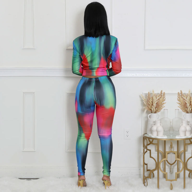 Fashionable Autumn Print Zipper Long Sleeve Slim Fit Two-Piece Pants Set 4