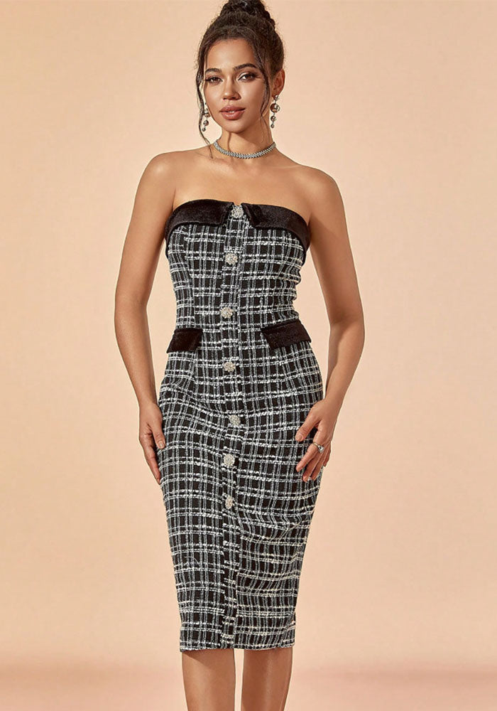 Women Strapless plaid button Career Bodycon elegant Maxi Dress