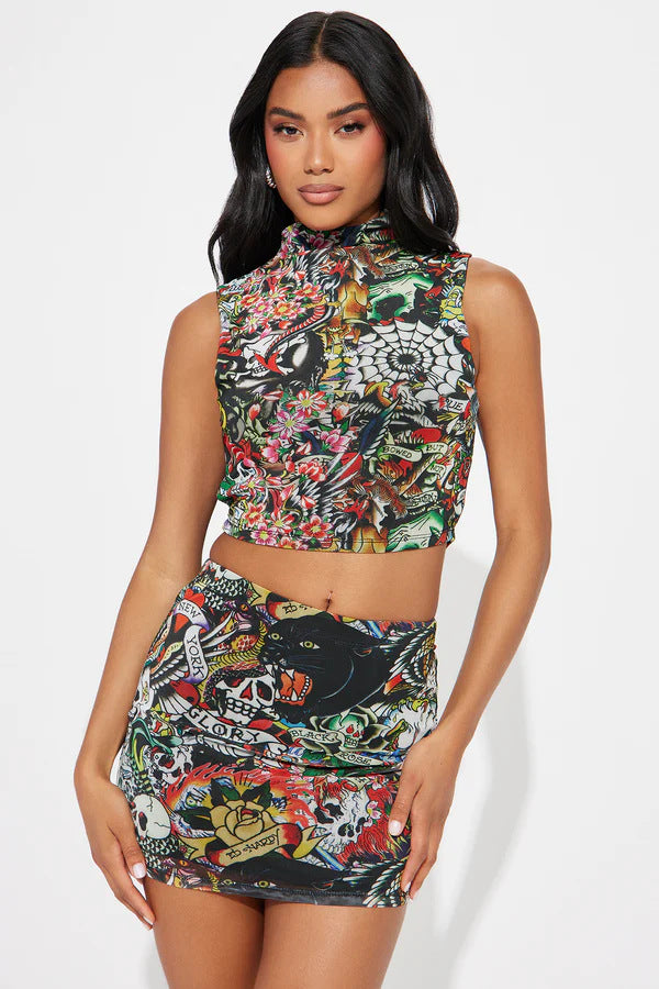 Women Sexy Print Tank Top and Skirt Two Piece Set