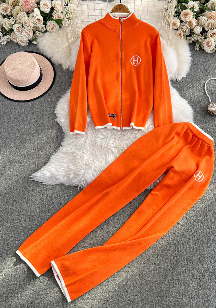 Women Autumn and Winter Zipper Embroidery Long Sleeve Knitting Top and Long Pants Two-piece Set