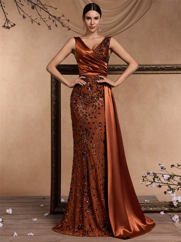 Women's Elegant Chic Sequin Patchwork V-Neck Sleeveless Cocktail Formal Evening Dress