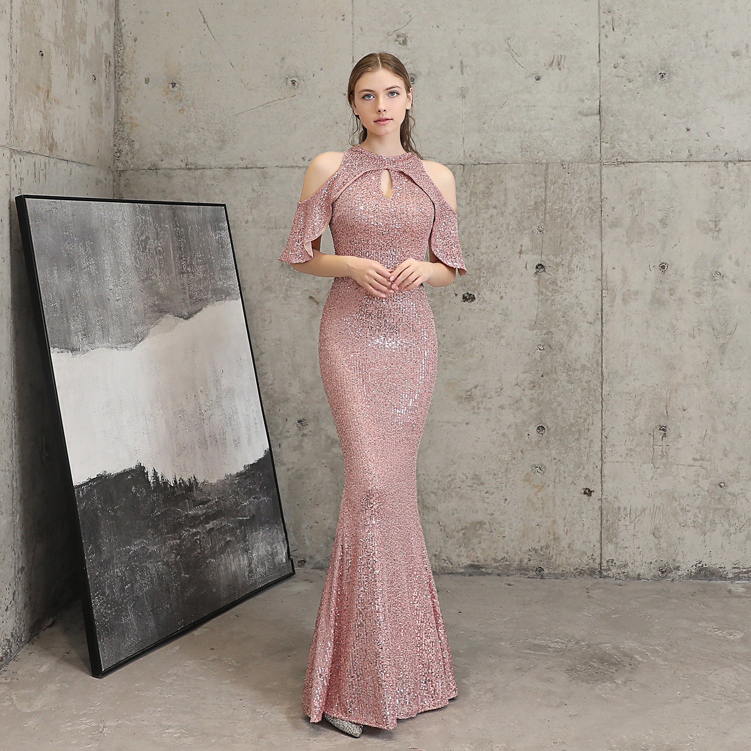 Women Elegant Long  Short Sleeve Sequins Fishtail Evening Dress
