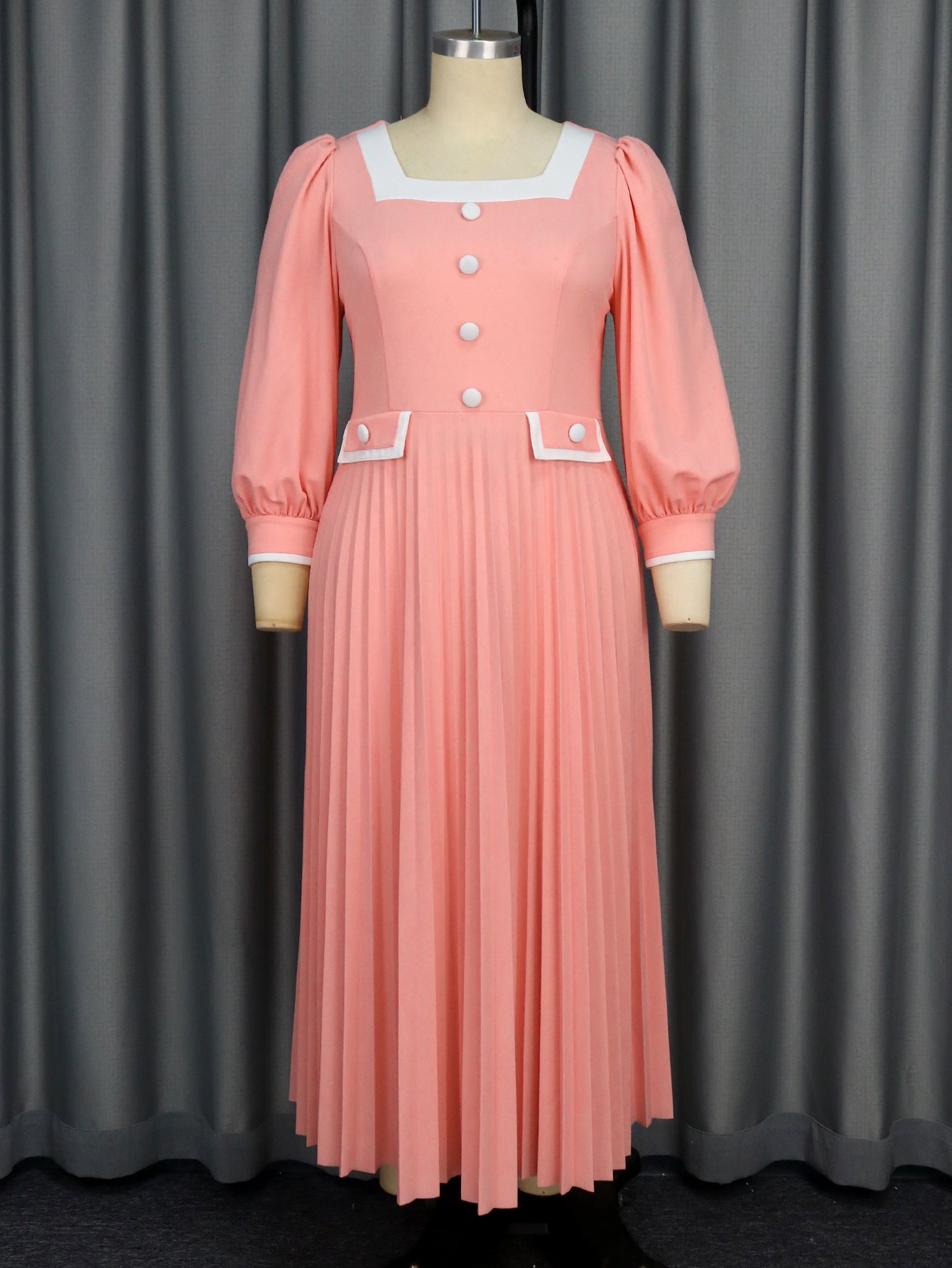 Women Square Neck Lantern Sleeve Formal Party High Waist Pleated Dress 7