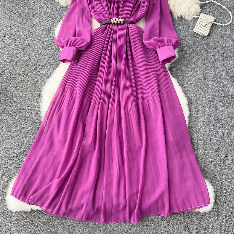 Spring Women's Bow Pleated Chiffon Puff Sleeve Long Dress 36