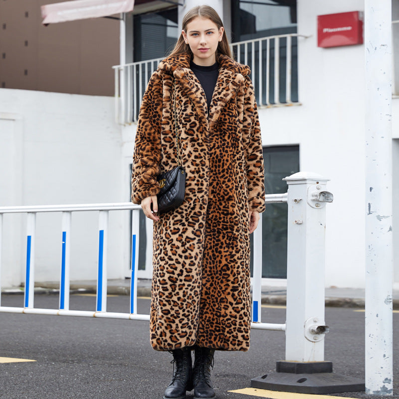 Women Leopard Turndown Collar Furry Long Coat 6