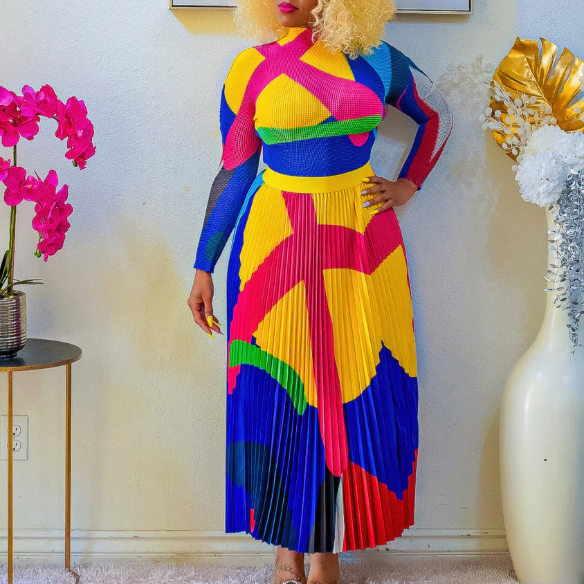 Women Autumn Pleated Print Contrast Color Long-sleeved Top and Skirt Two-Piece Set 5