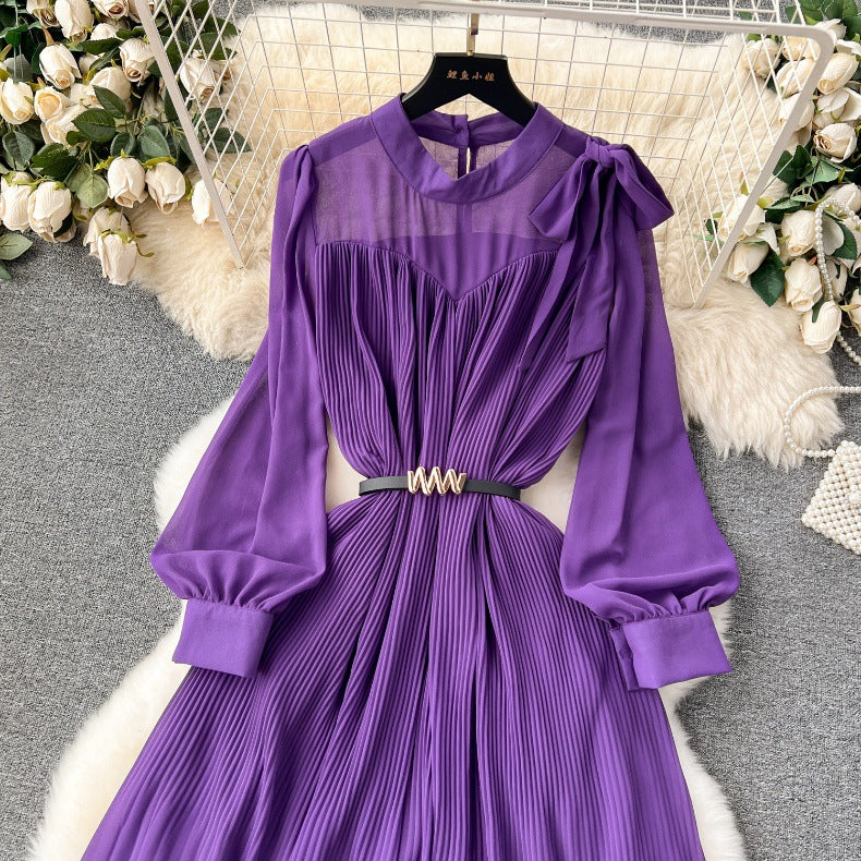 Spring Women's Bow Pleated Chiffon Puff Sleeve Long Dress 25