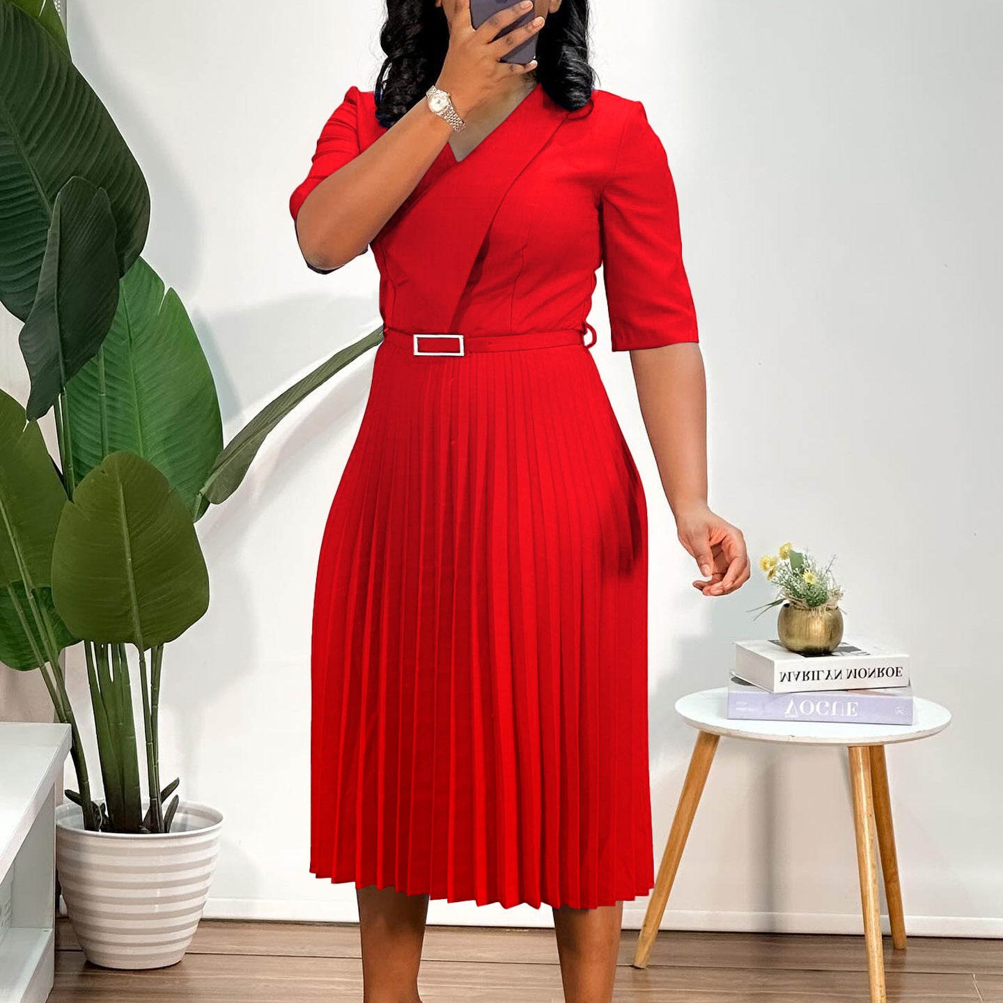 Women's Solid Color V Neck Fashion Chic Pleated African Dress 9