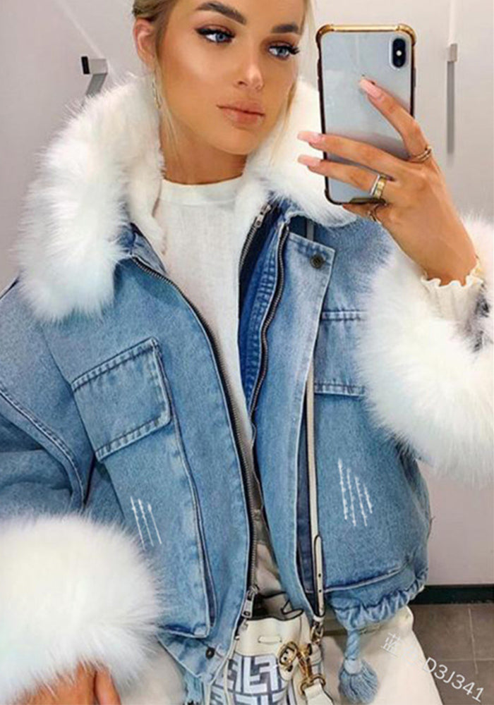 Women Winter Loose Fur Collar Turndown Collar Denim Jacket