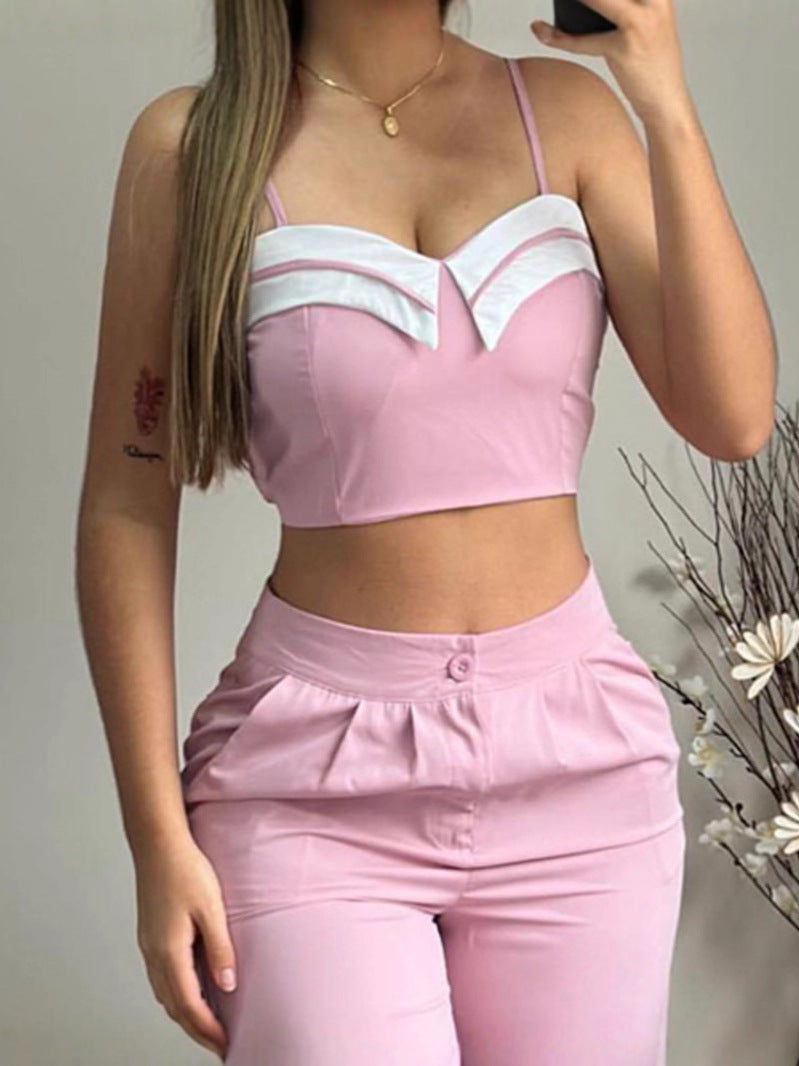 Women Contrast Color Patchwork Top and Pant Casual Two-Piece Set 6