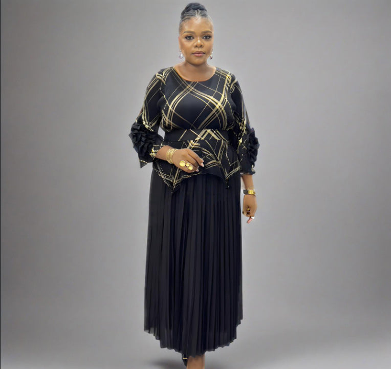 Plus Size Women Pleated Hand-Shaped Flower Irregular Shiny Print Maxi Dress 6