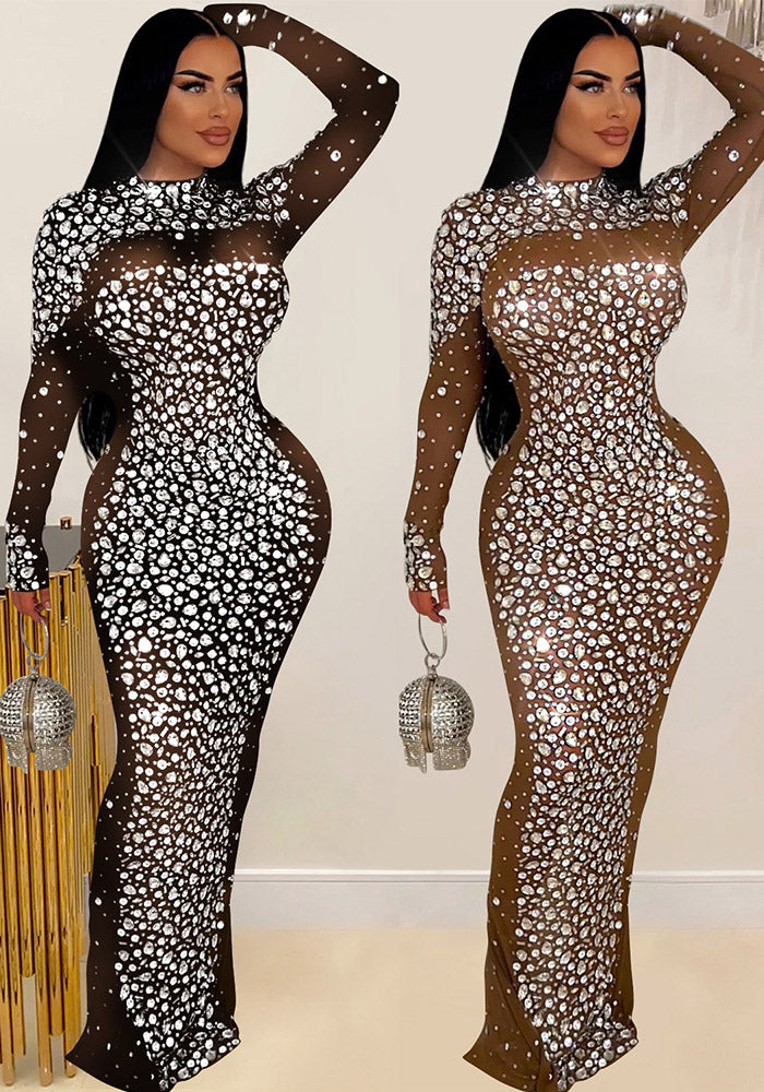 Women Solid mesh Beaded long sleeve dress