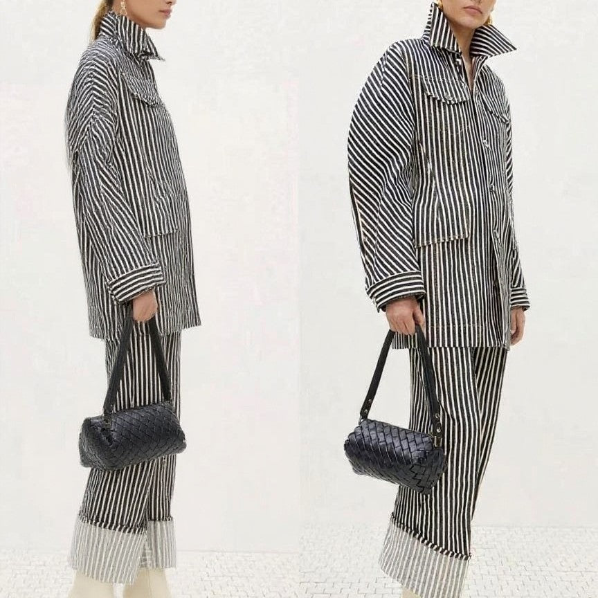 Button Stripe Long Sleeve Shirt & Wide Leg Pants Two-Piece Set 7