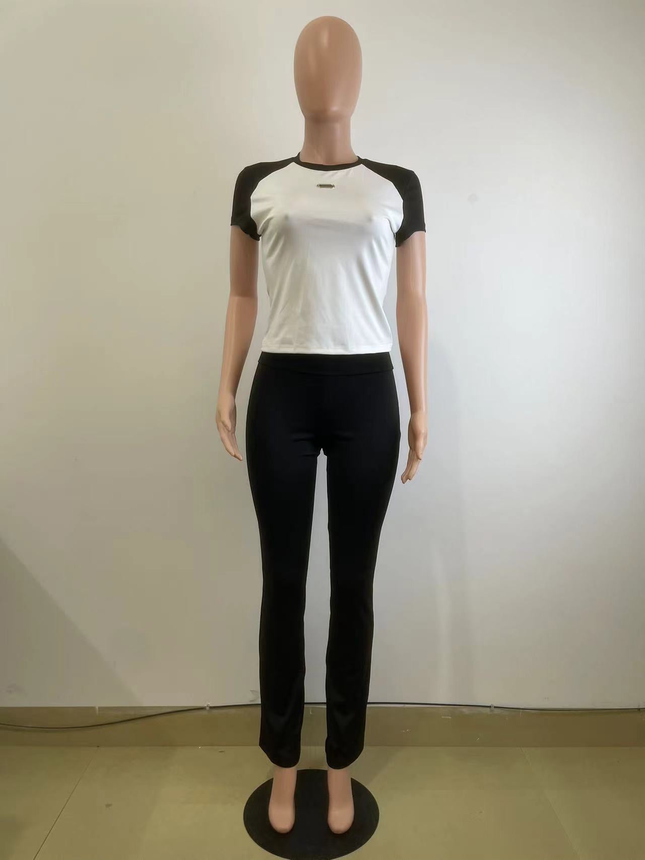 Women's Spring Summer Color Matching Sports Dance Fitness Yoga Short-Sleeved Two-Piece Pants Set 9