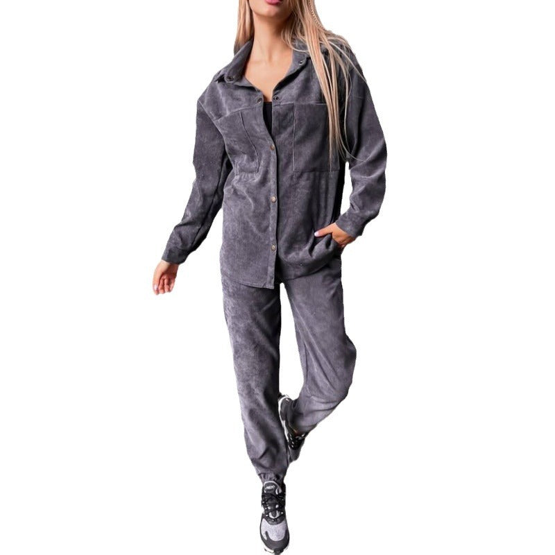 Women Fall Button Long Sleeve Shirt and Pant Two-piece Set 8