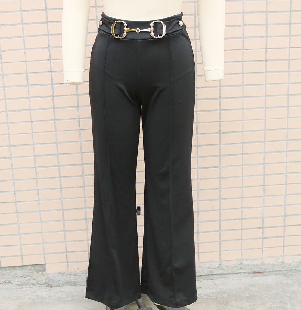 Spring and autumn Casual solid color high waist metal decoration straight trousers 11