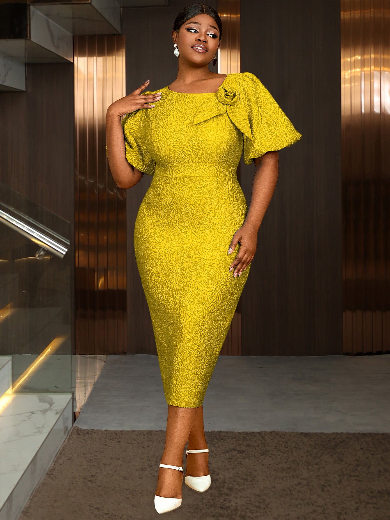 Plus Size Asymmetrical Puff Sleeve High Waist Jacquard Formal Dress 6