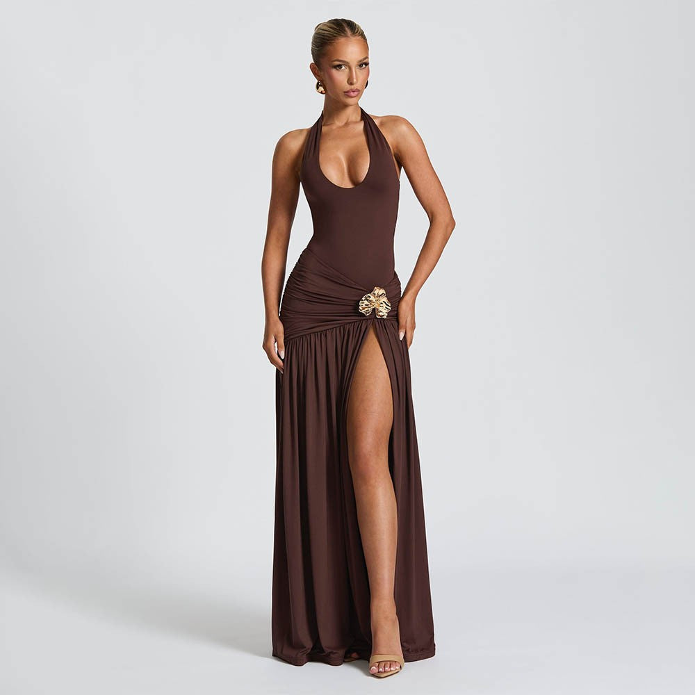 Women Halter Neck sexy slit pleated Backless jumpsuit and skirt two-piece set 6